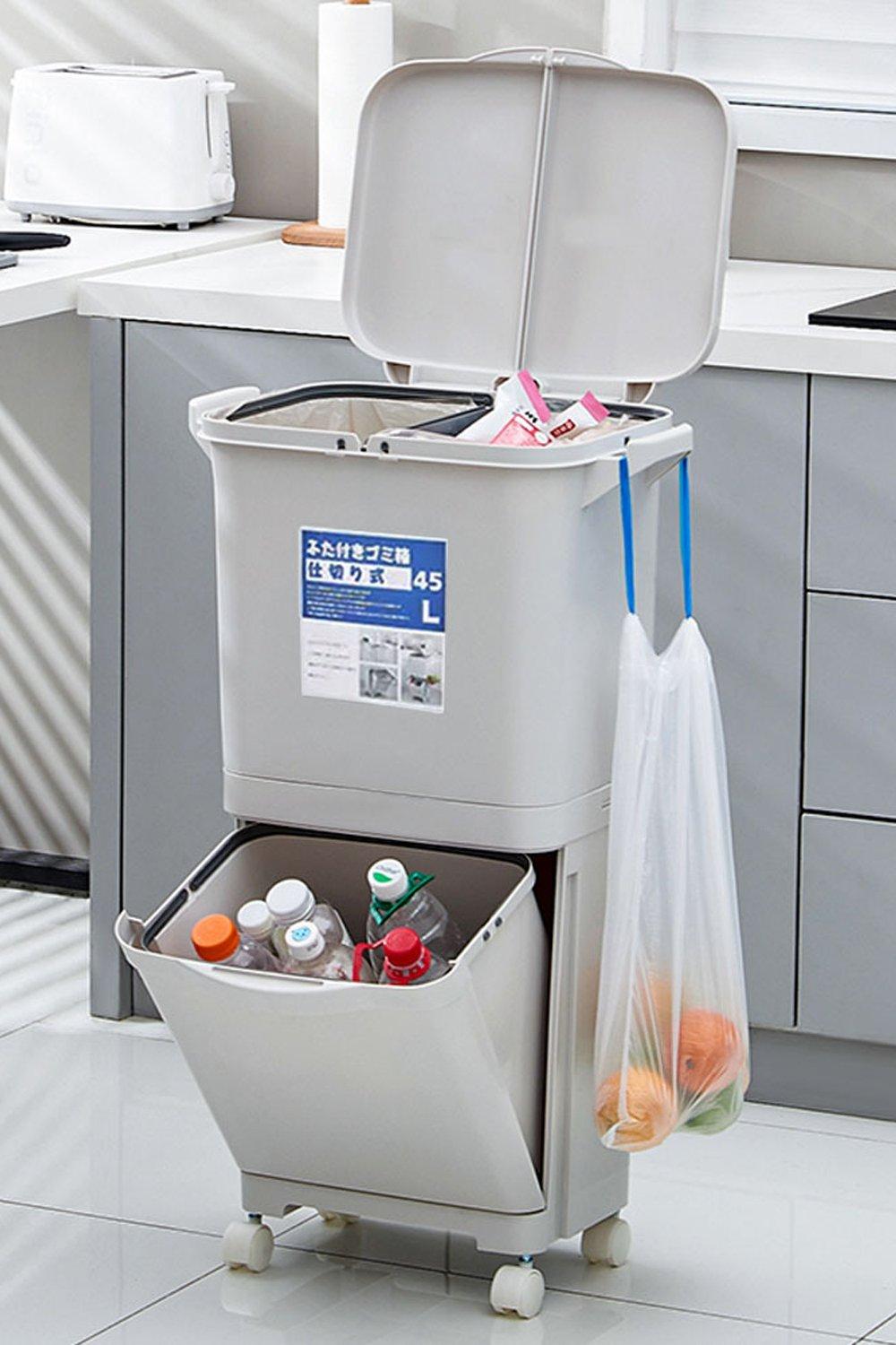 38L Rubbish Bin 3-Compartment Recycling Dustbin Three-Compartment Kitchen Trash Can with Wheels