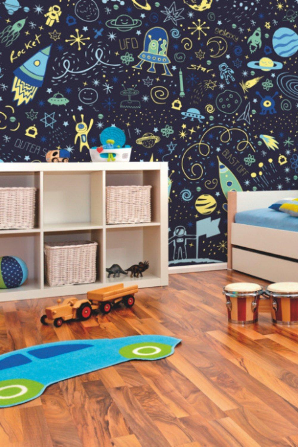 Space Doodle Text Navy Blue Matt Smooth Paste the Wall Mural 300cm wide x 240cm high