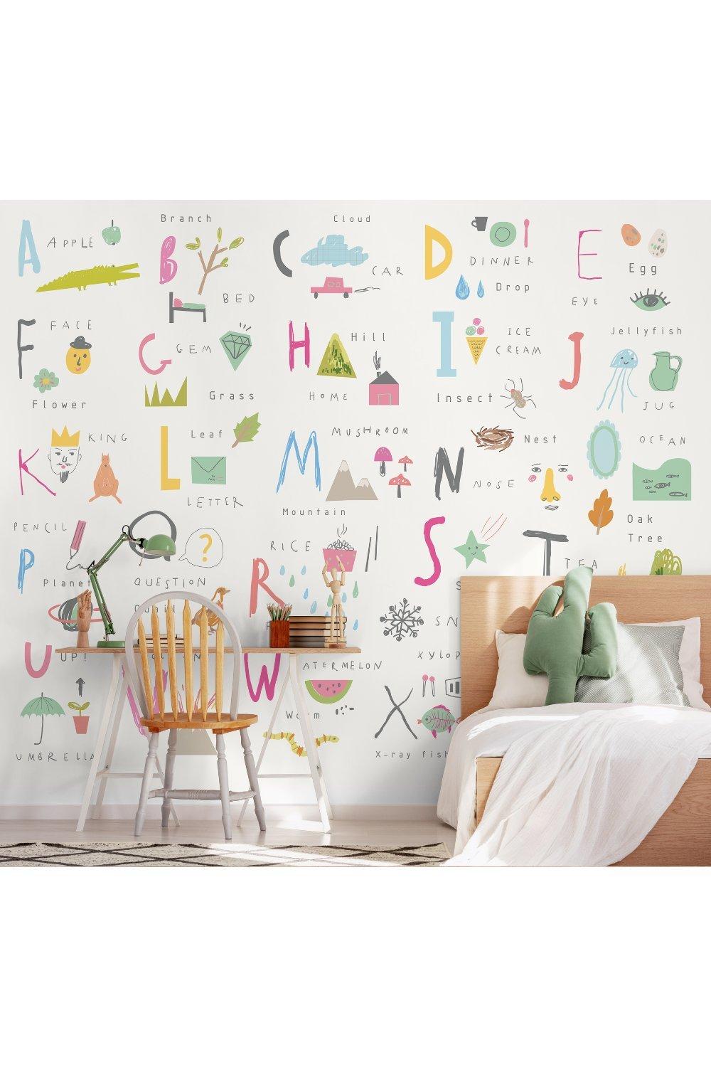 Childrens Alphabet Illustrations Multi Bright Matt Smooth Paste the Wall Mural 300cm wide x 240cm hi