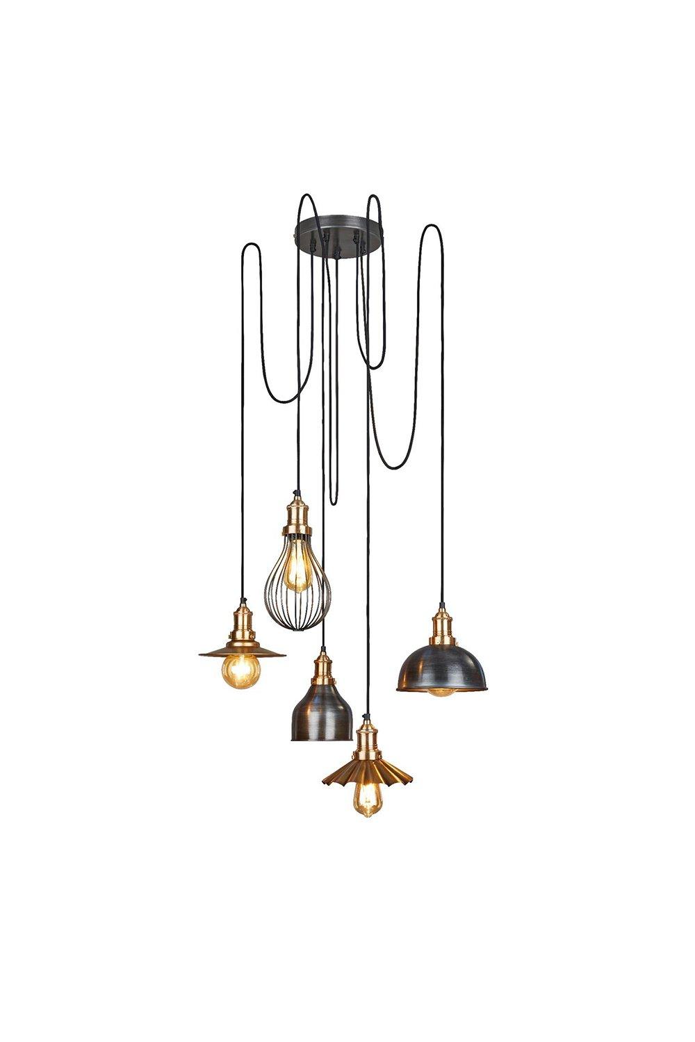 Brooklyn 5 Wire Pendant, Brass, Incl Shades