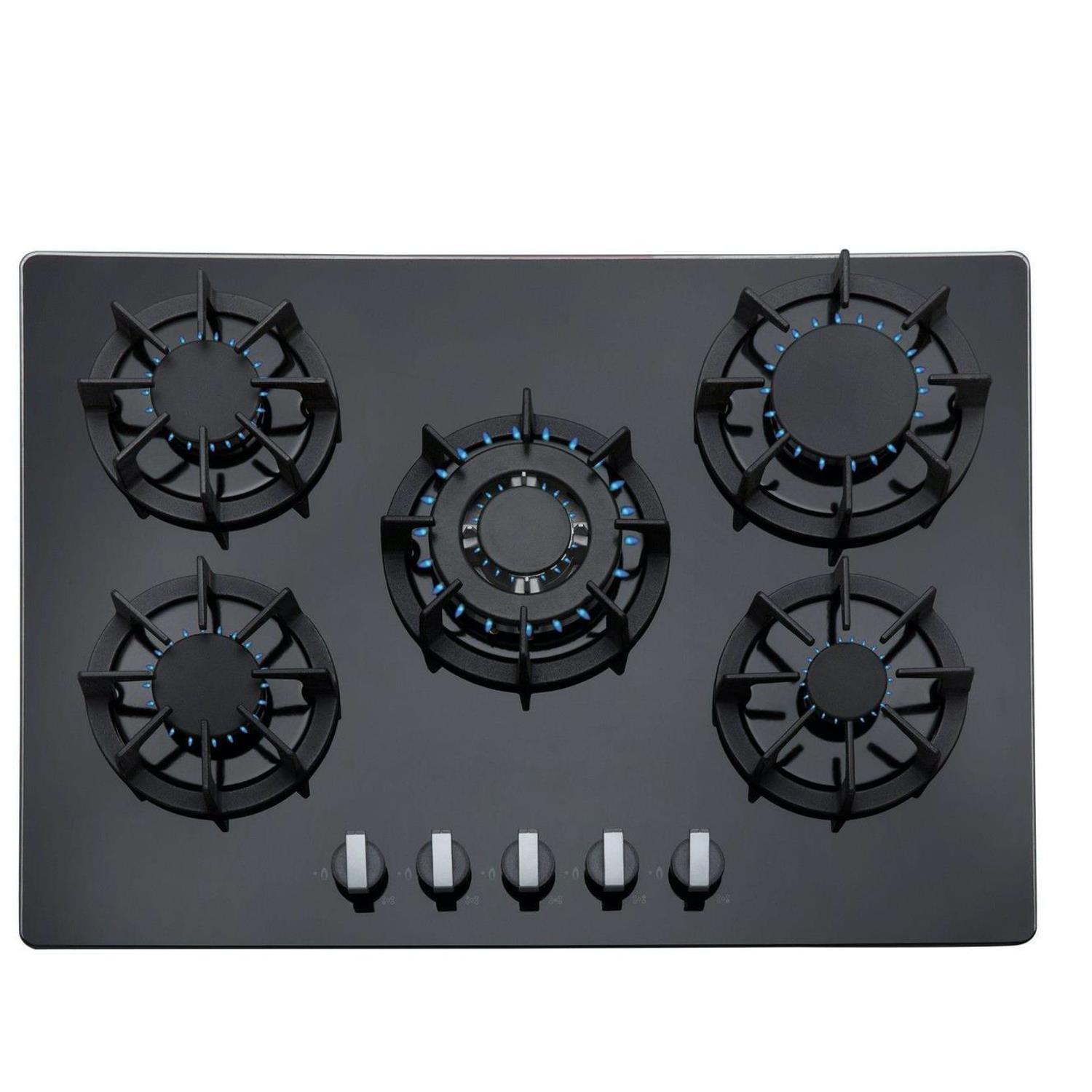 Black 5 Burner 70 cm Gas On Glass Hob With Cast Iron Pan Stands R8