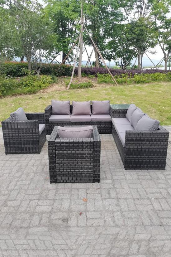 Fimous Dark Mixed Grey Outdoor Rattan Garden Furniture Set Corner Sofa 2 Tables With 2 Chairs 1