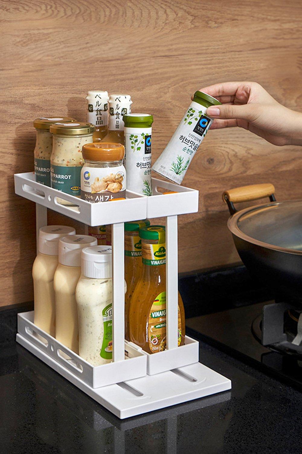 Multifunctional Kitchen Rotating Spice Rack 2 Tier Pull out Storage Shelf