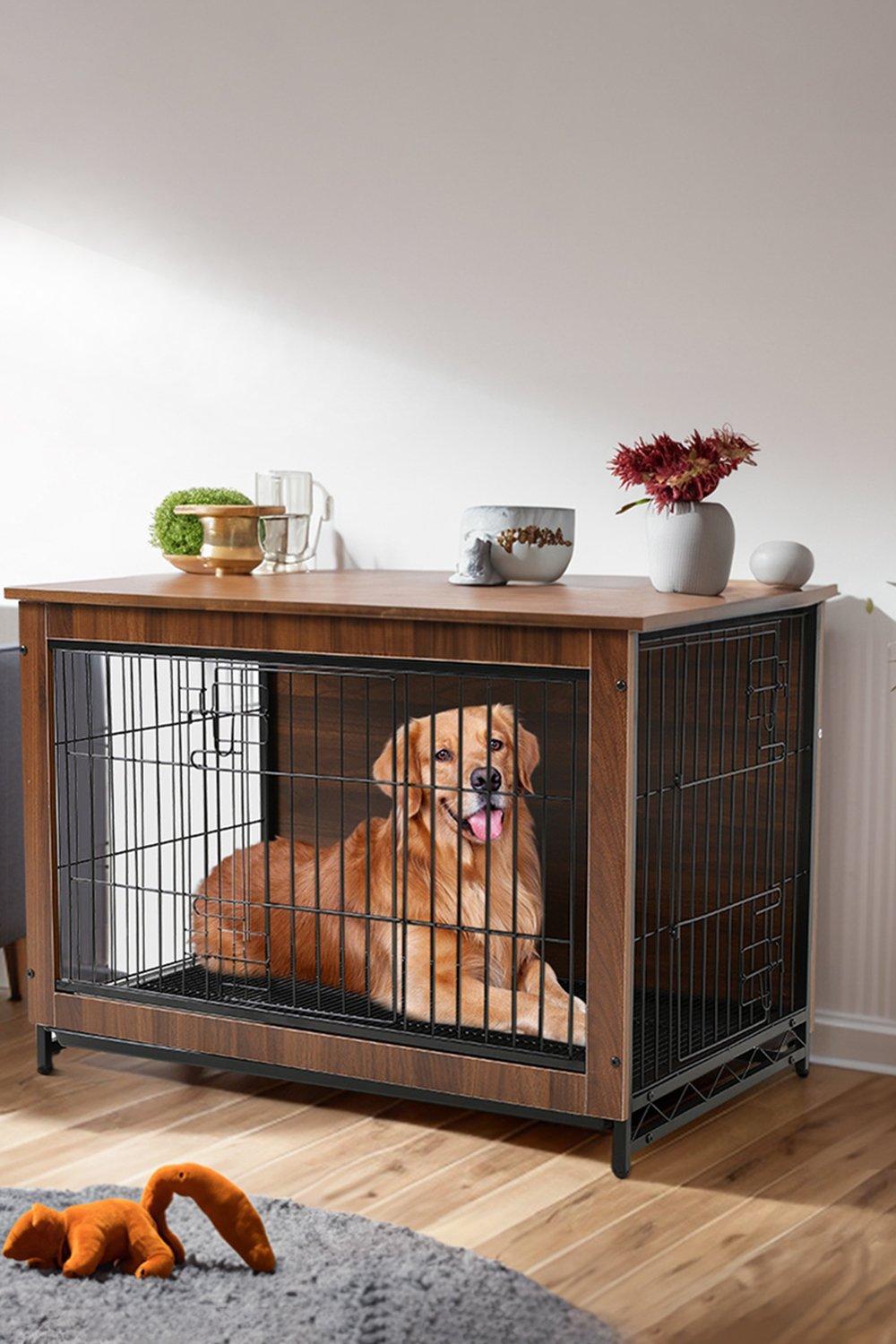 Double Doors Wooden Wire Dog Crate Pet Cage Dog Kennel Furniture Indoor Removable with Locked Furnit