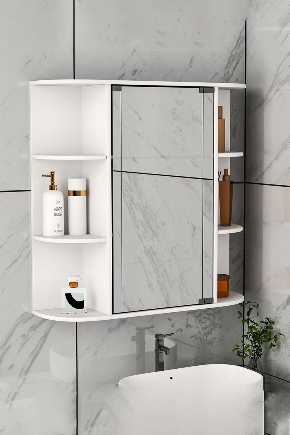 Wall Mount Bathroom Mirror Cabinet Single Door Wall Mounted Storage Cupboard With 6 Shelves Display 