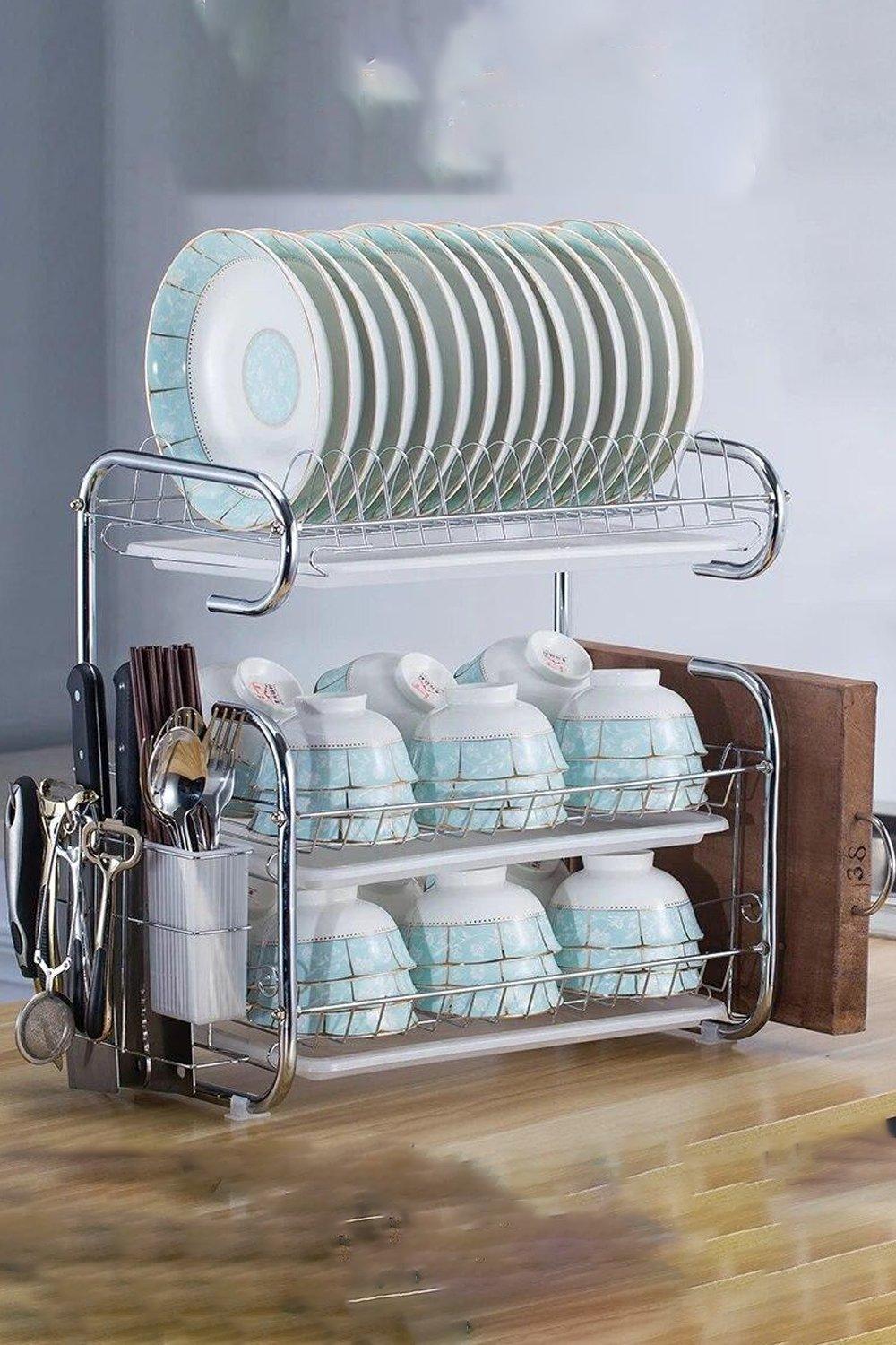 3-Tier Metal Dish Drainer Rack Storage Shelf Stainless Stand Bowl Plate Dryer Tray Kitchen with Kitc