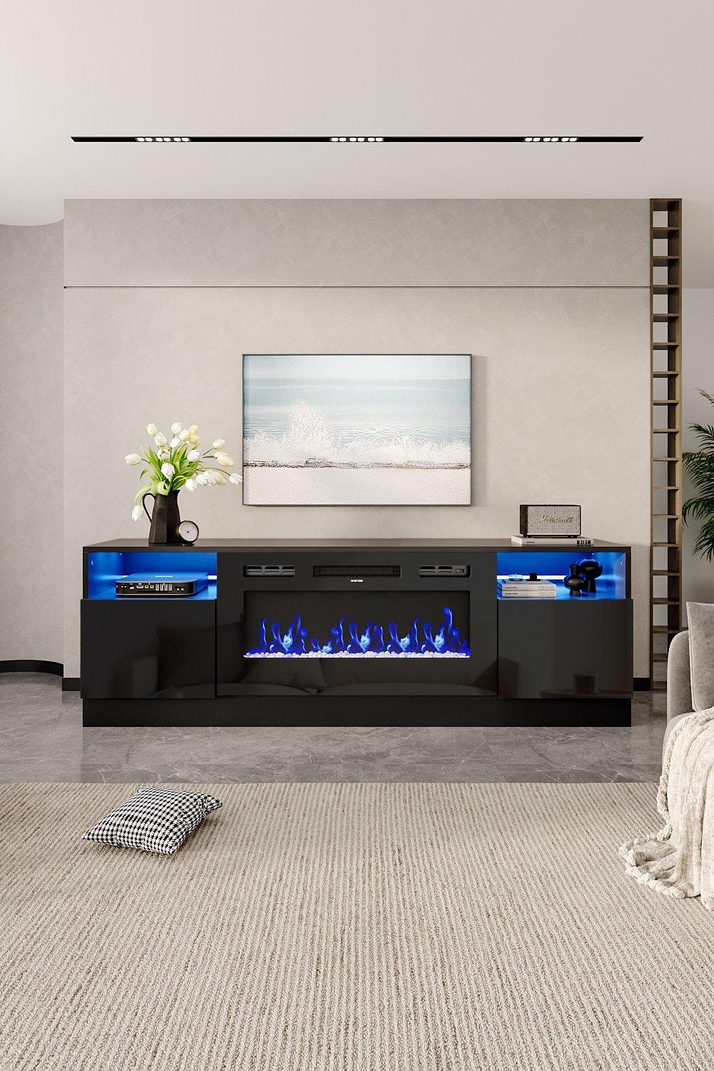 Recessed Electric Fireplace TV Stand with Closed Storage Black
