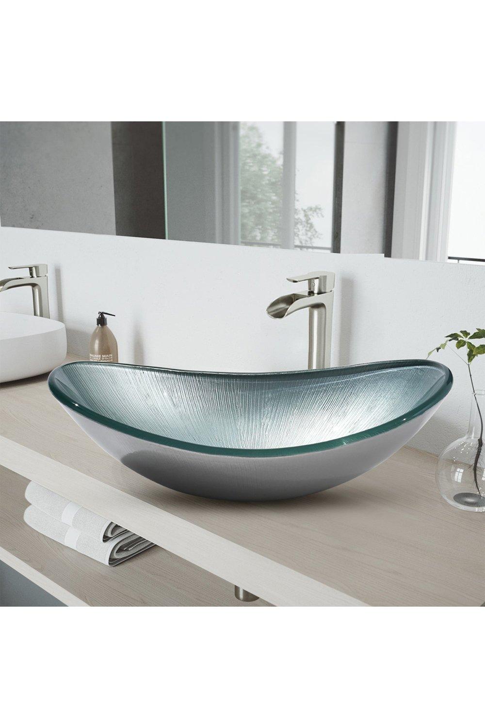 Oval Silver Glass Vessel Bathroom Sink Drain Set