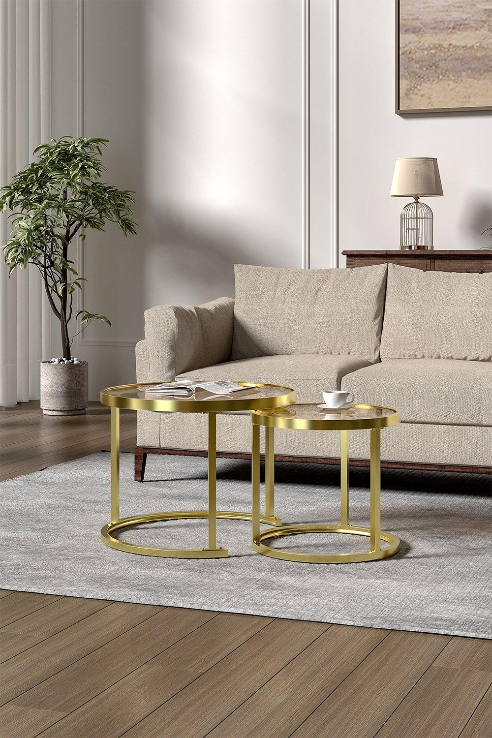 Gold Tea Glass Round Nesting Coffee Table Set of 2