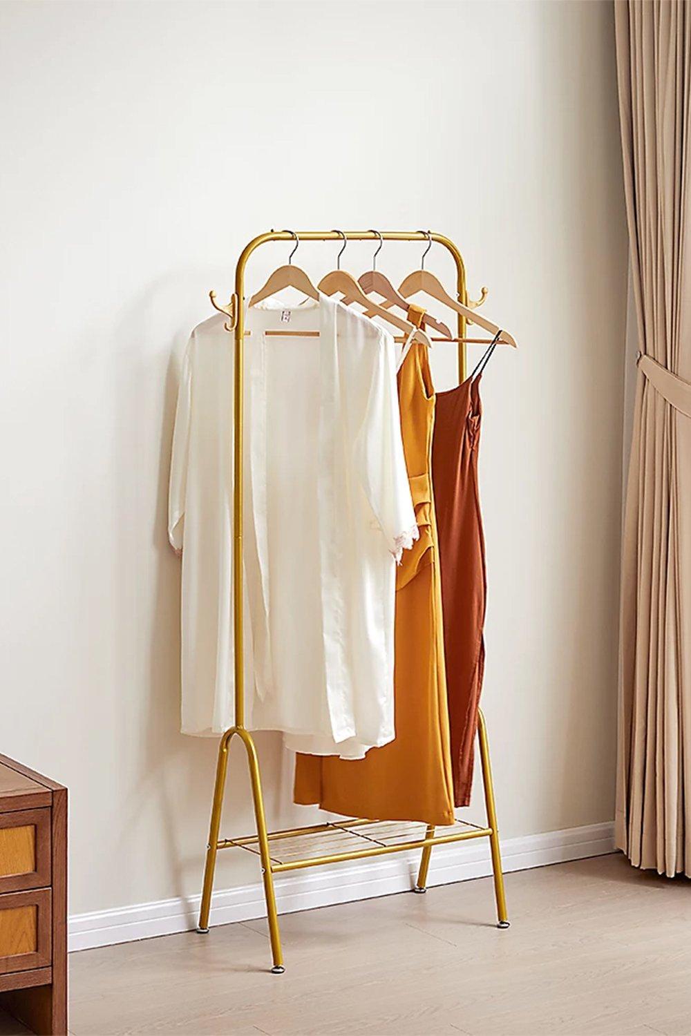 Storage | Freestanding Gold Clothes Rack with Bottom Shelf | Living and Home