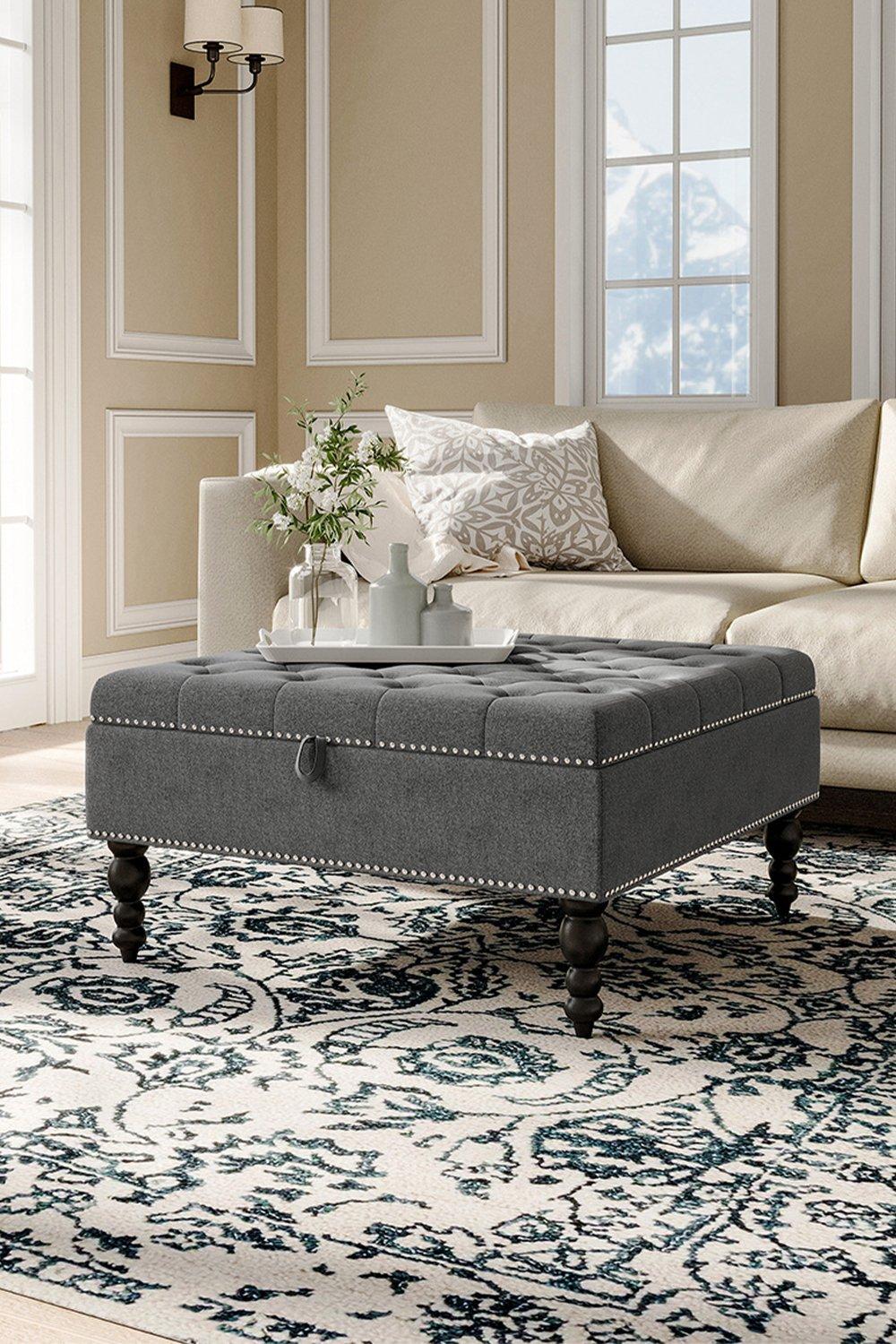 Square Tufted Linen Storage Ottoman Footstool