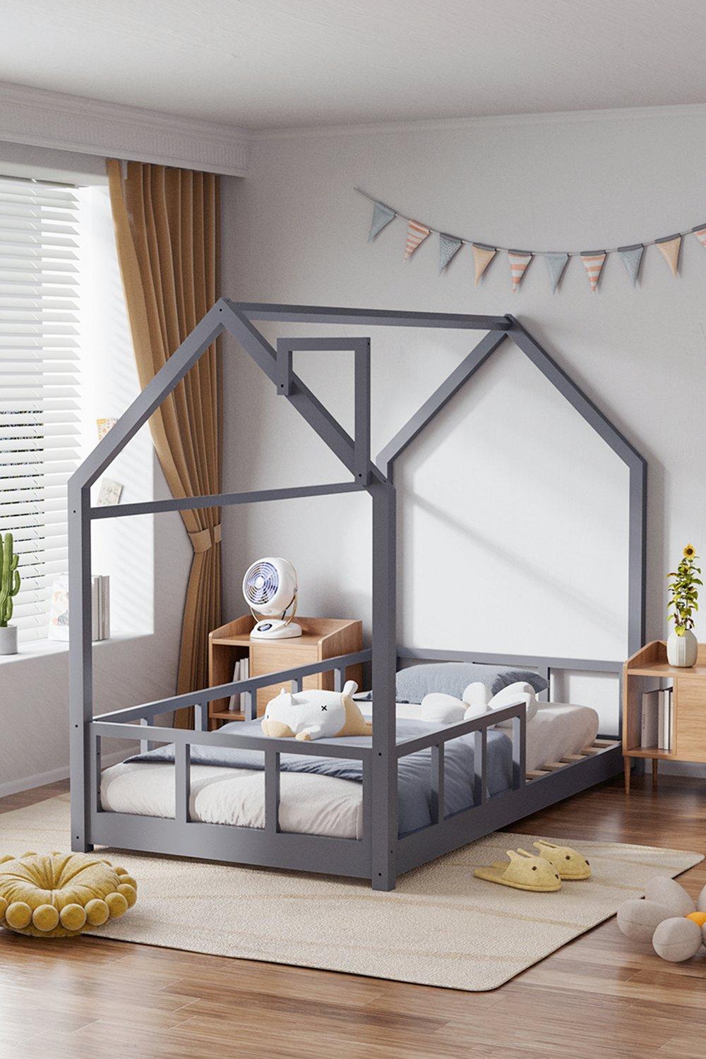 Grey Kid's Bed with House Frame Pine Wood