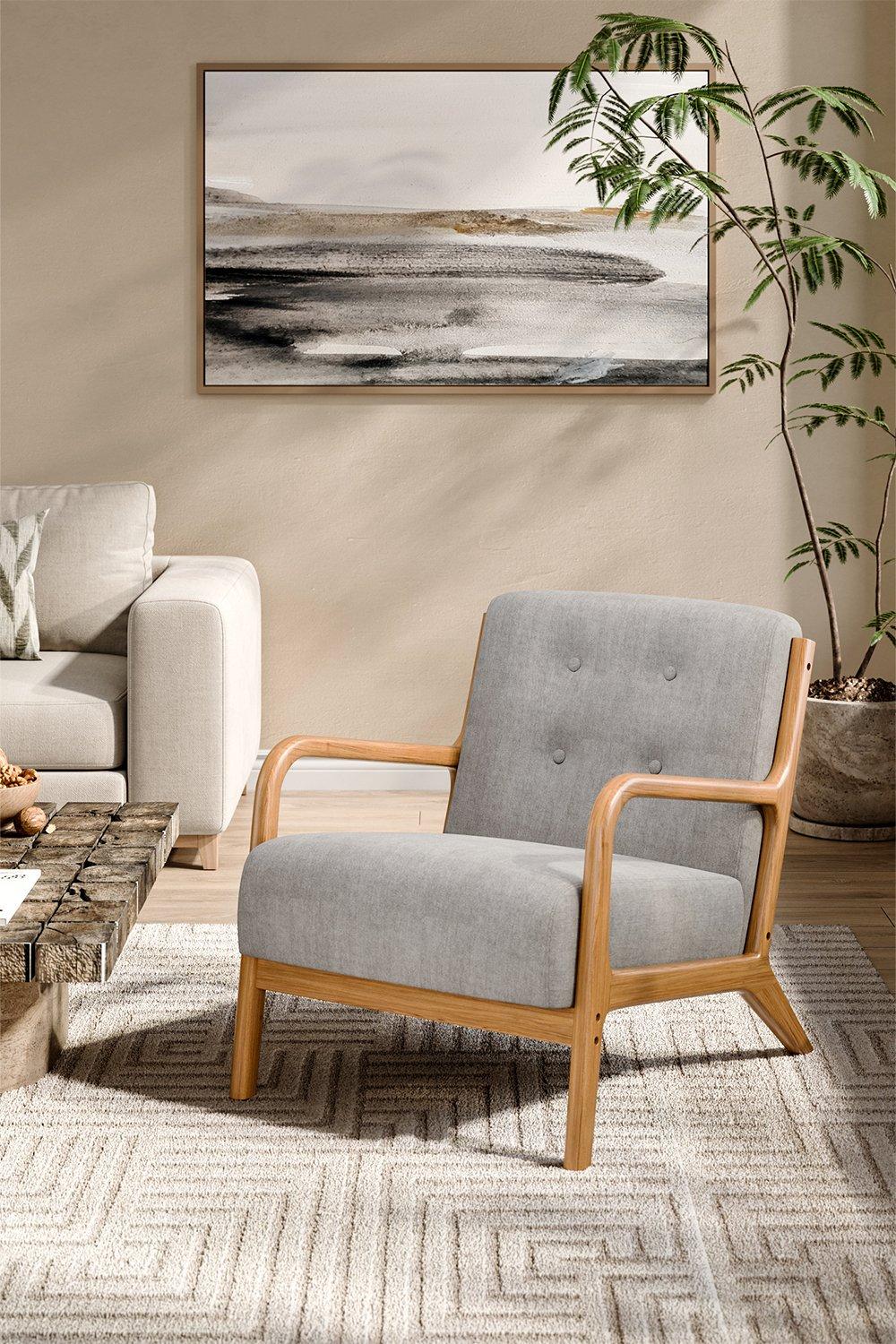 Grey Solid Wooden Frame Upholstered Tufted Armchair