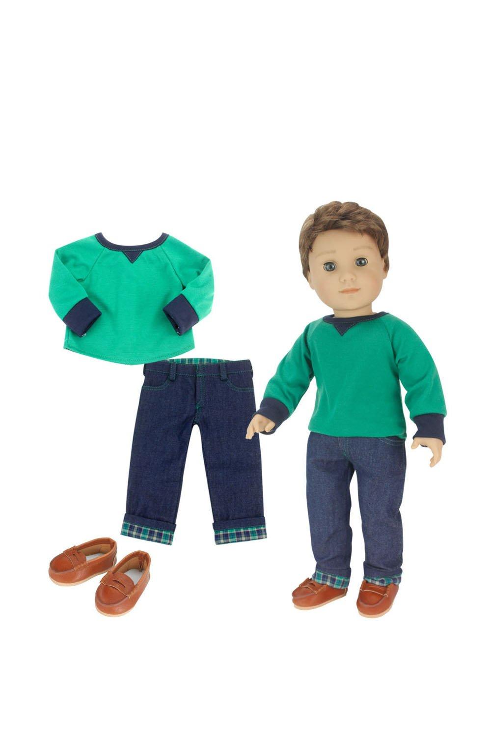 Sophia’s  18" Boy Doll Green Top & Jeans Outfit with Doll Loafer Shoes Set