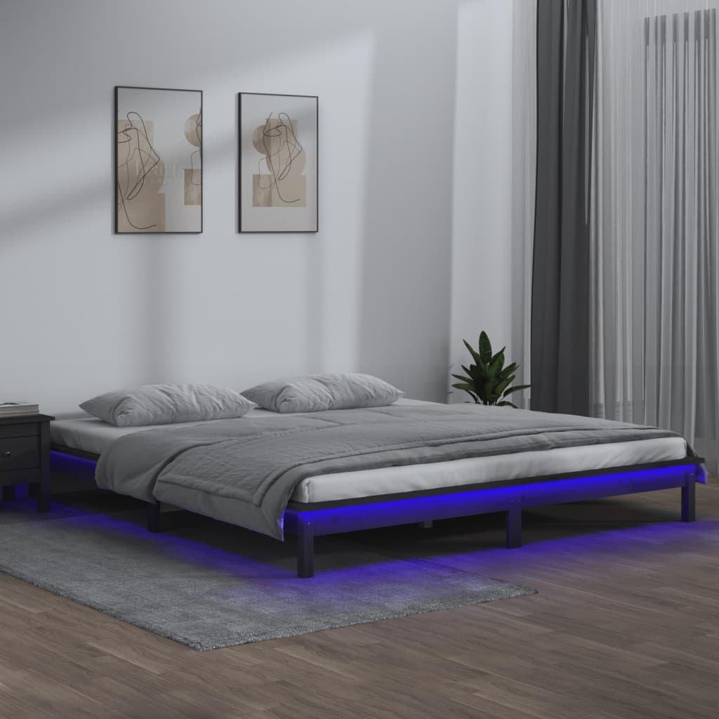 LED Bed Frame Grey 135x190 cm Double Solid Wood
