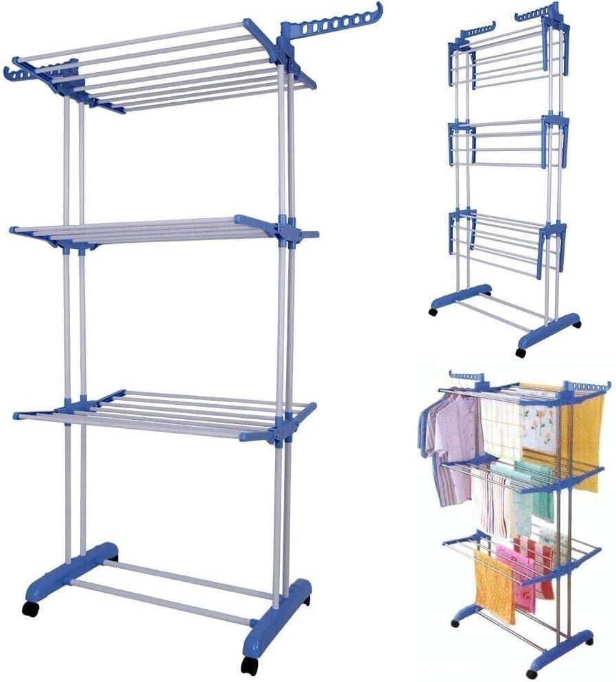 TOOLF Clothes Drying Rack, 3-Tier Collapsible Laundry Rack Stand Garment  Drying Station with Wheels and 4 Hooks, Indoor-Outdoor Use, for Bed Linen