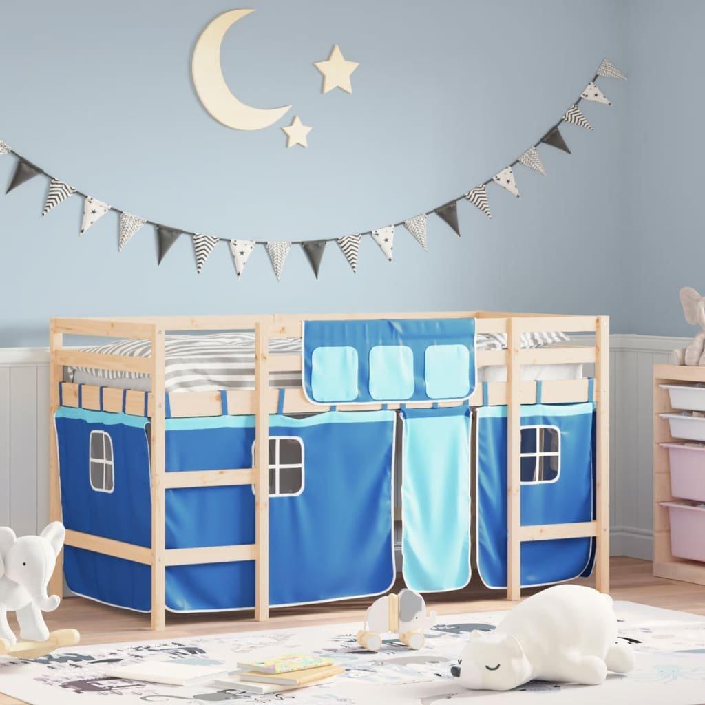Kids' Loft Bed with Curtains Blue 90x200cm Solid Wood Pine
