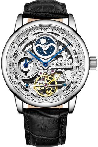 Product Stuhrling 3917 Automatic Skeleton Watch Dual Time Subdial, AM/PM Indicator, and Alligator-Embossed Leather Strap for Sophisticated Style Silver