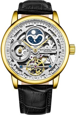 Product Stuhrling 3917 Automatic Skeleton Watch Dual Time Subdial, AM/PM Indicator, and Alligator-Embossed Leather Strap for Sophisticated Style Gold