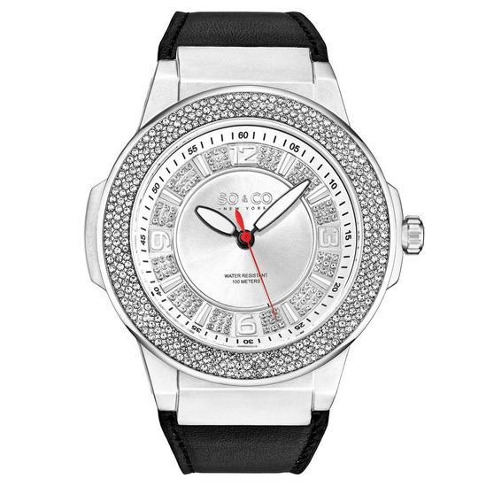 SO&CO Tribeca 5565L 48mm Crystal Studded Quartz Watch with Dodecagonal Crystal Studded Ring Leather Strap 1