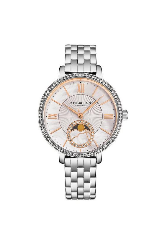 STÜHRLING Original 4038 Women's Moonphase Watch Crystal Studded Bezel, and Mother-of-Pearl Dial with Stainless Steel Link Bracelet 1
