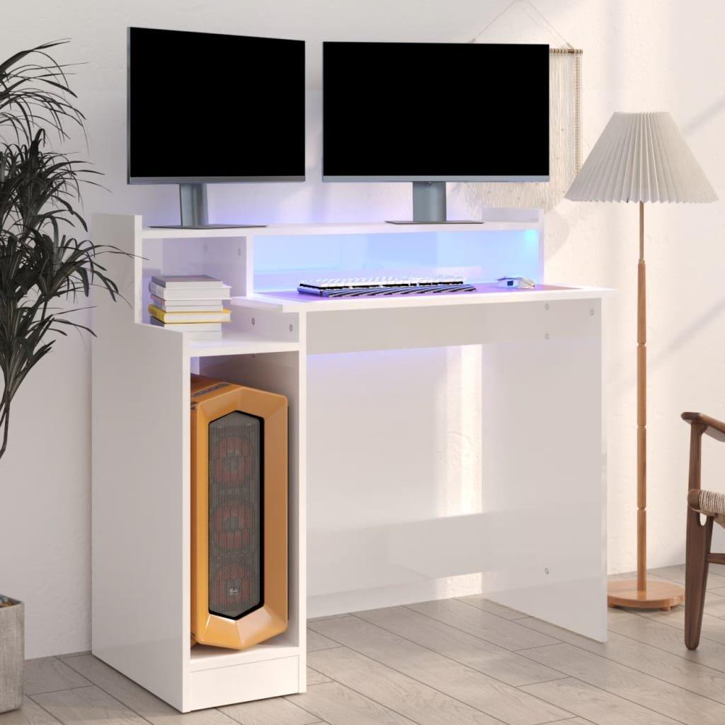 Desk with LED Lights High Gloss White  97x45x90 cm Engineered Wood