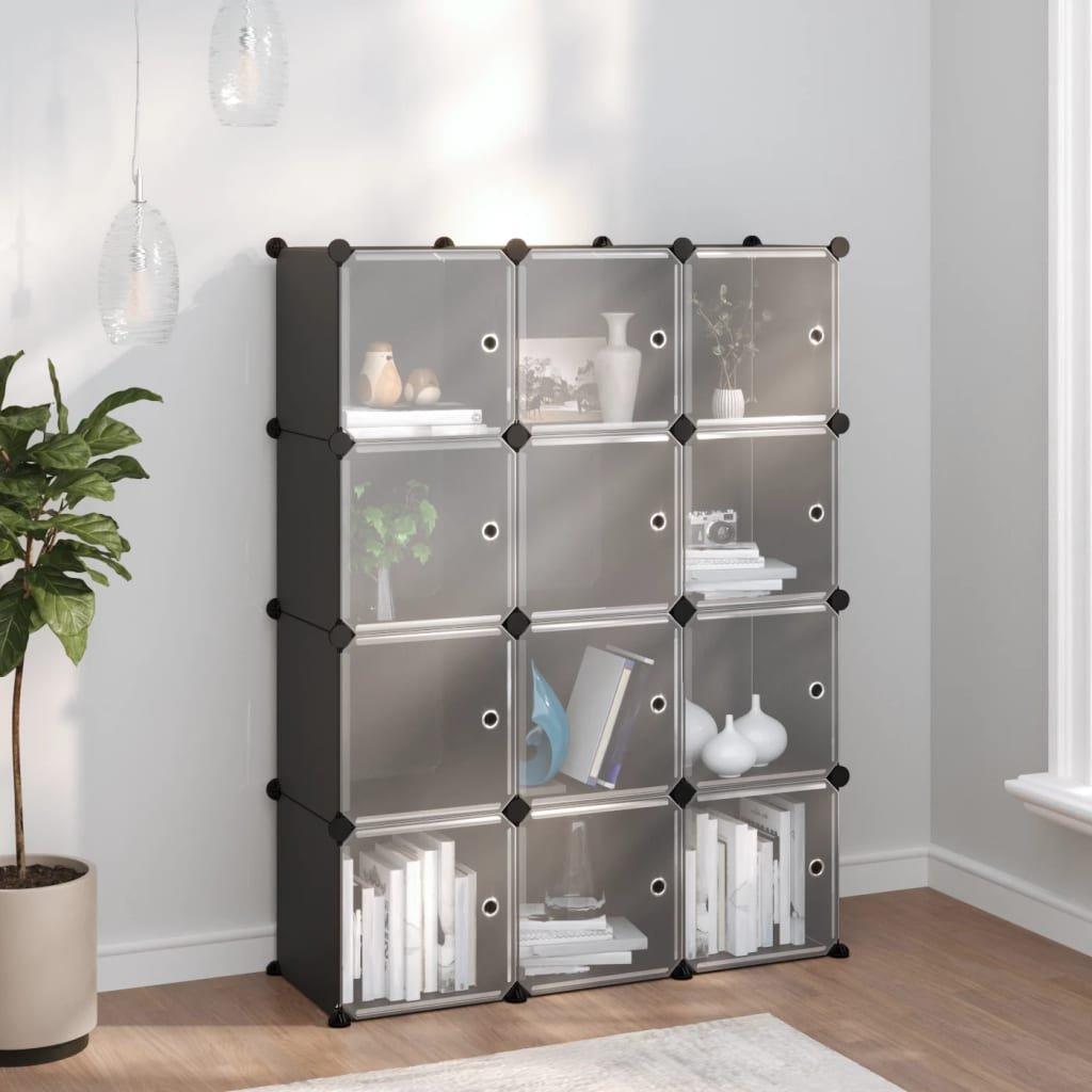 Storage Cube Organiser with 12 Cubes and Doors Black PP