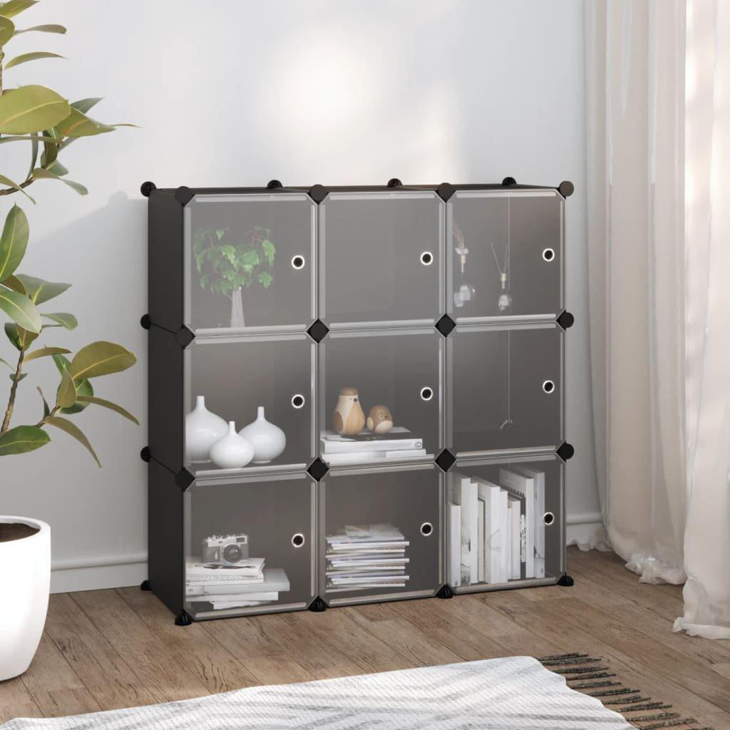 Storage Cube Organiser with 9 Cubes and Doors Black PP