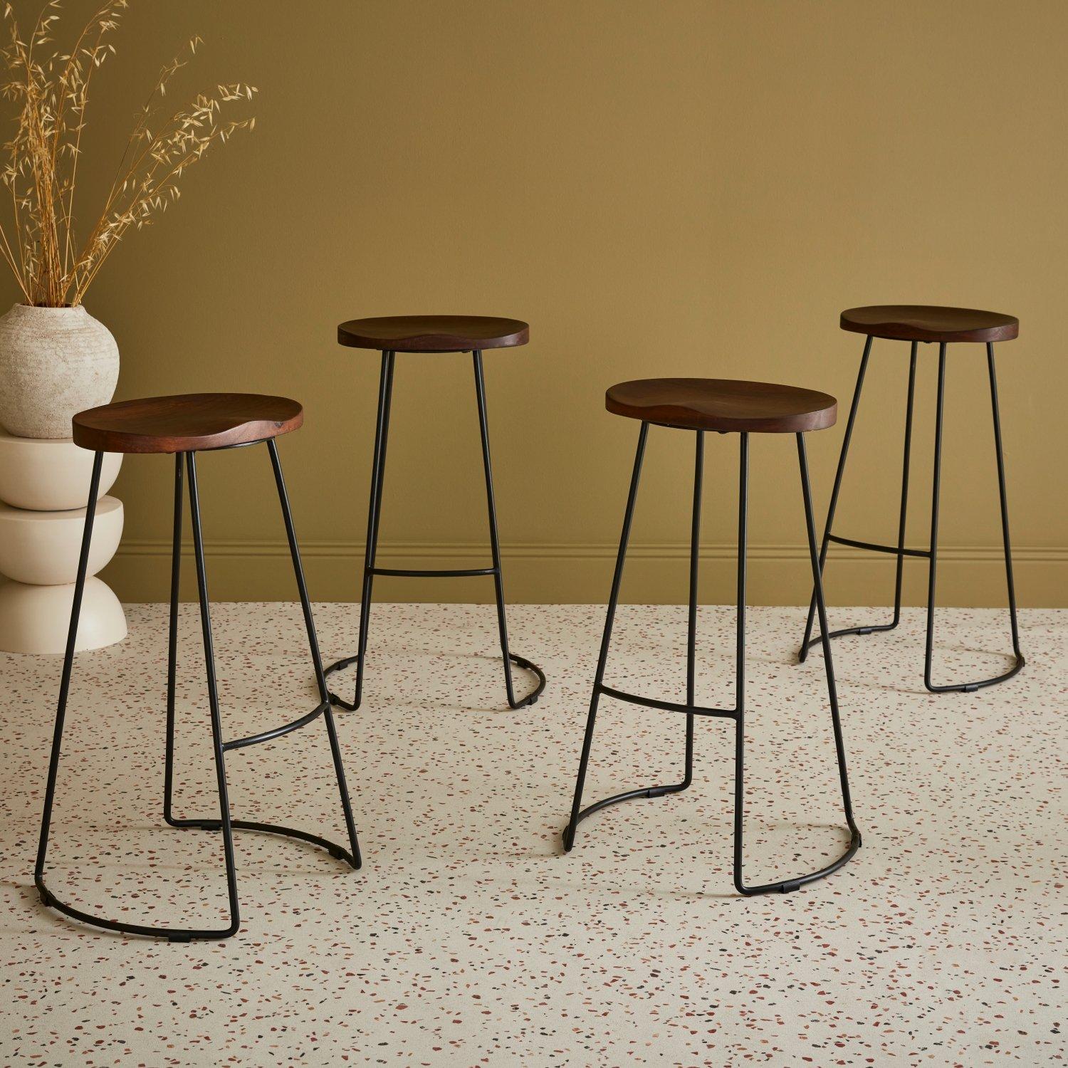 Set Of 4 Industrial Metal And Wooden Bar Stools 75cm