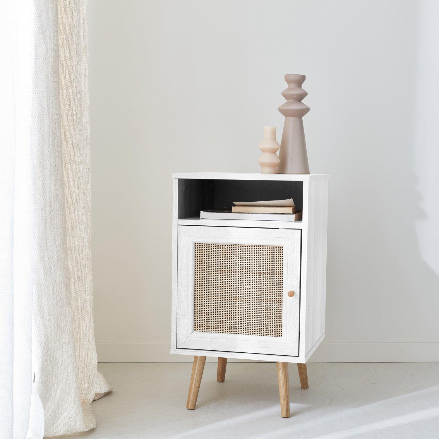 Scandi-style Wood And Cane Rattan Bedside Table With Cupboard