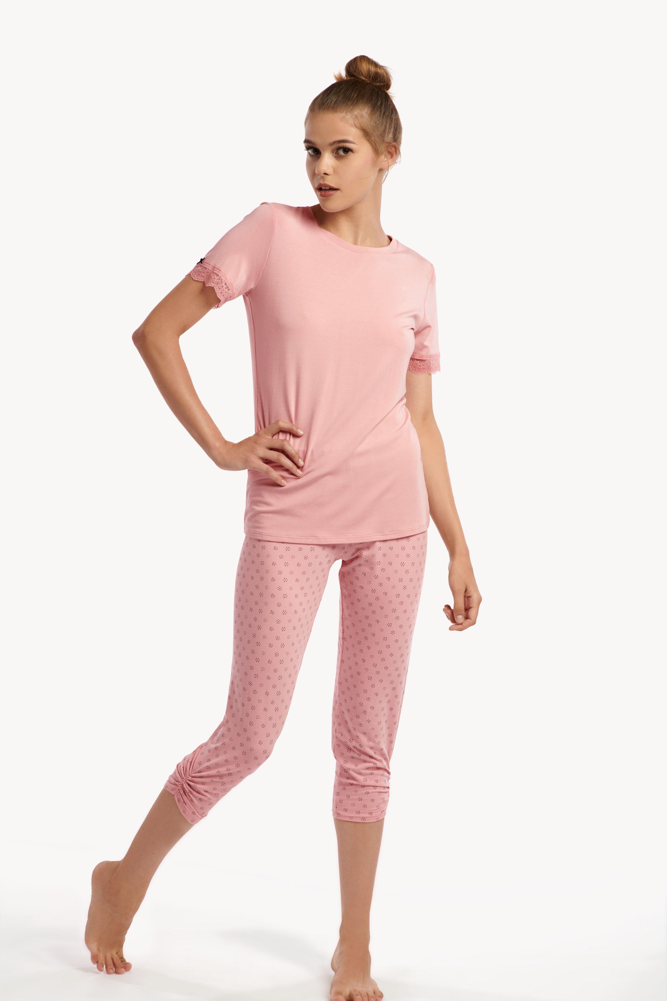 Cotton Blend 'Endless' Pyjama Short Sleeve Top and 3/4 Legging Set