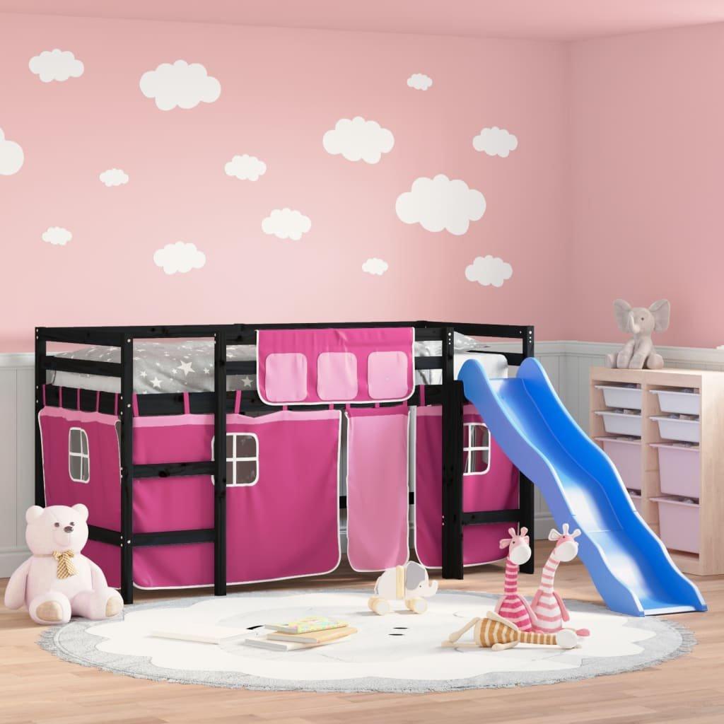 Kids' Loft Bed with Curtains Pink 90x200 cm Solid Wood Pine