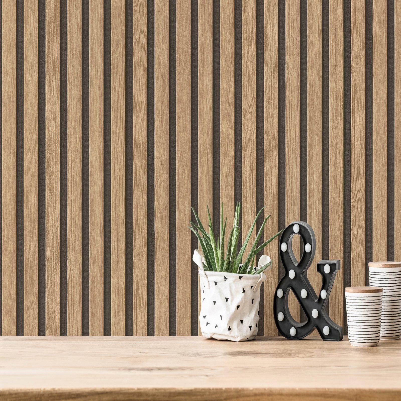 Photos - Wallpaper Wooden Slats Panelling 3D Wood Panel Stripe Natural Black 