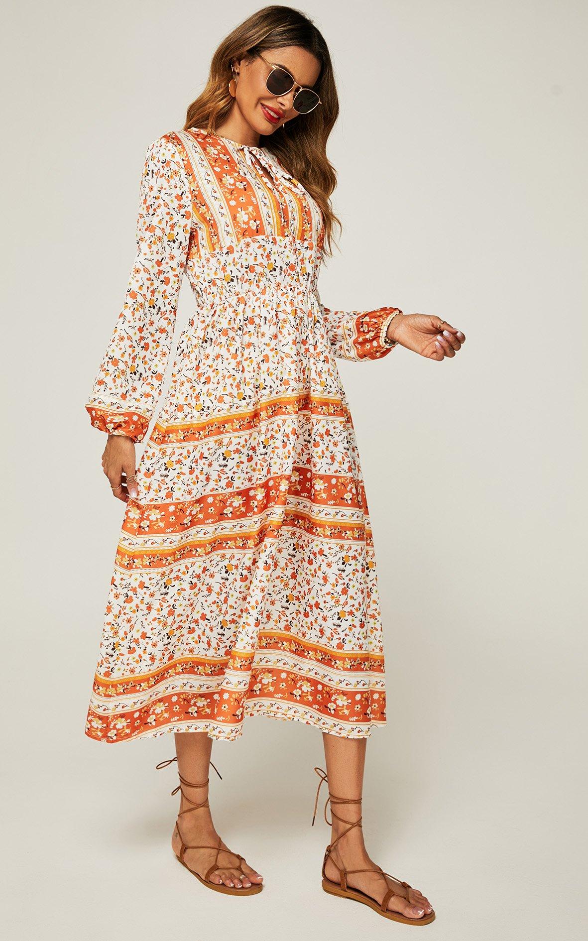 Relaxed Block Color Floral Printed Midi Dress In Orange