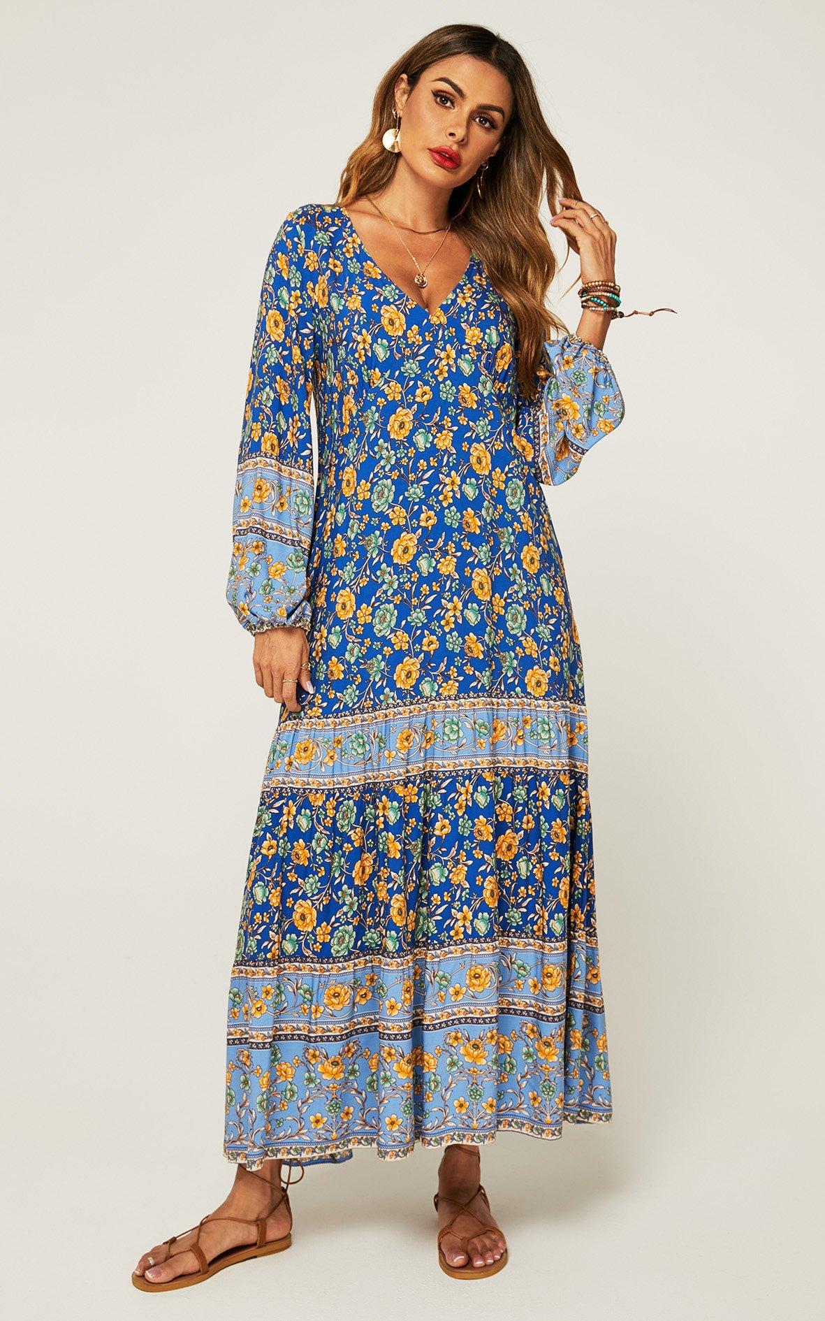 Relaxed Block Color Floral Printed Maxi Dress In Blue