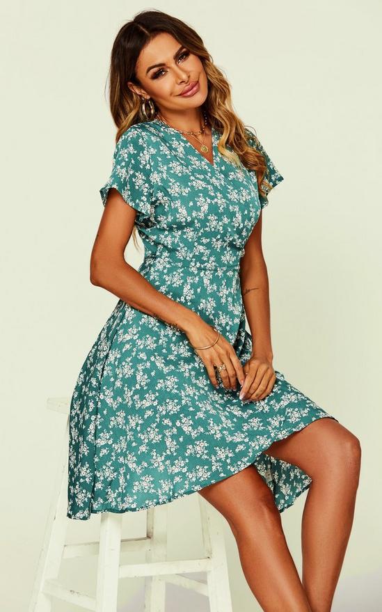 FS Collection Spring Summer Floral Print Mini Wrap Dress In Green 4
