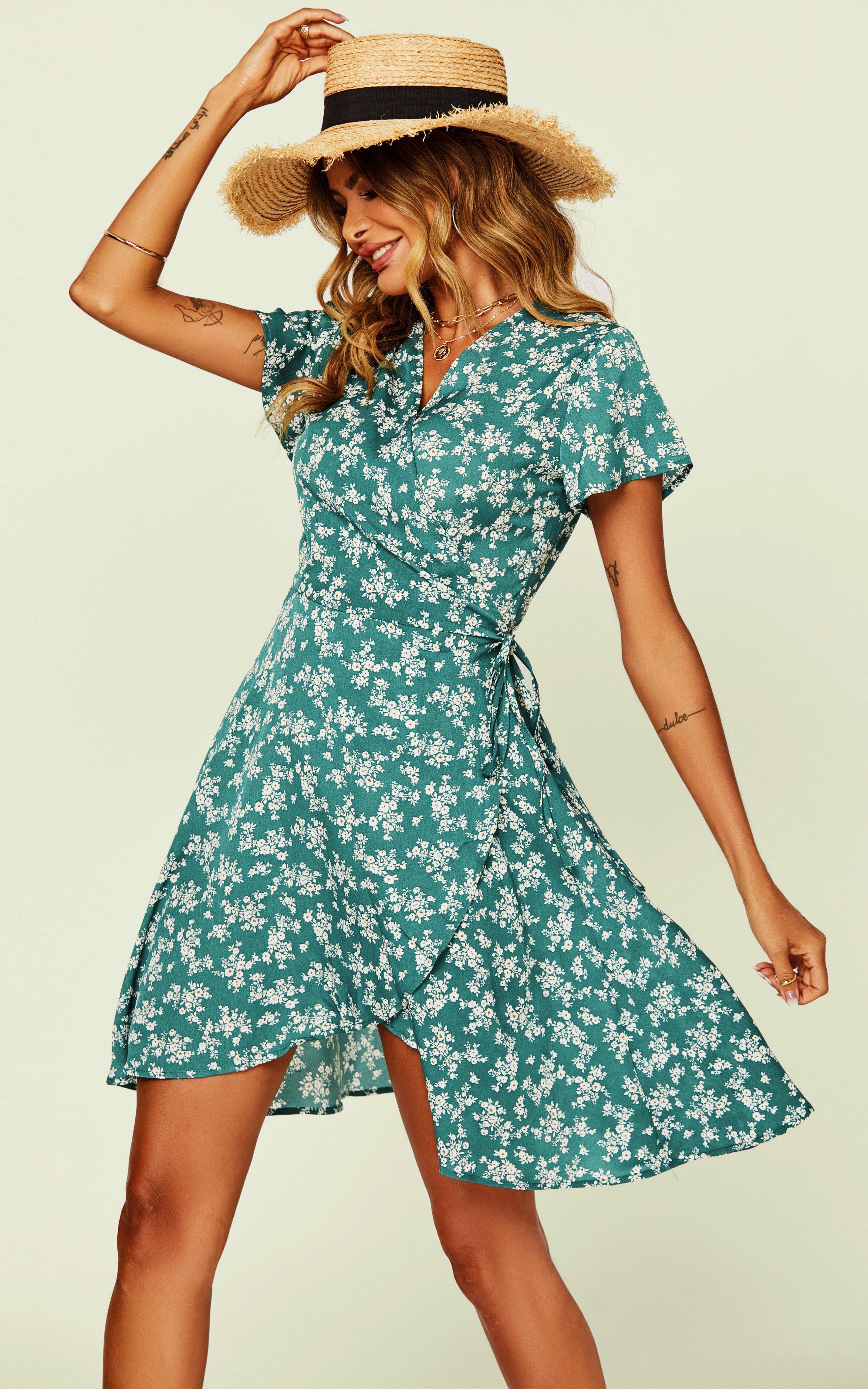 Spring Summer Floral Print Mini Wrap Dress In Green