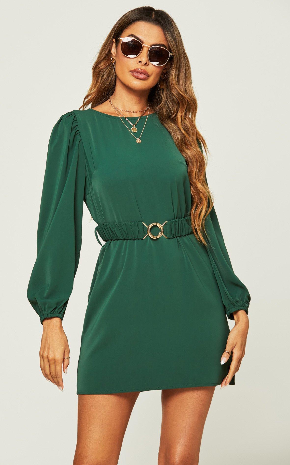 Belted Bardot Long Sleeve Mini Dress In Green