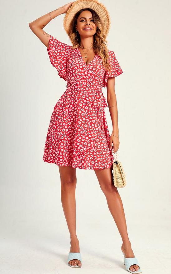FS Collection Summer Floral Print Mini Wrap Dress In Red 1