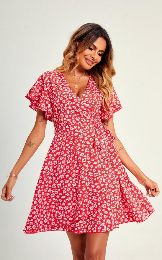 FS Collection Summer Floral Print Mini Wrap Dress In Red 3