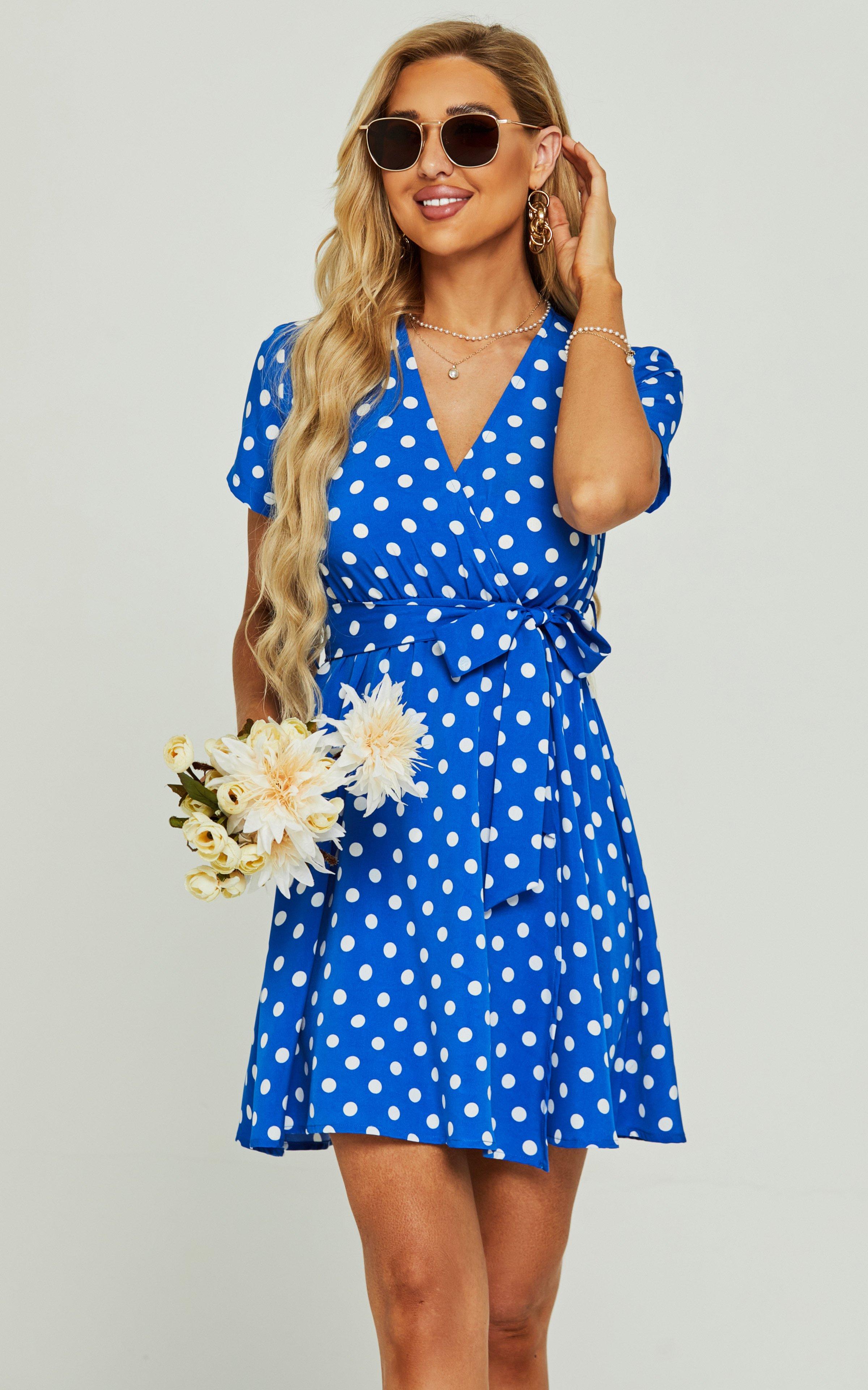 White Polka Dot Print High Waist Wrap Neckline Mini Dress In Blue