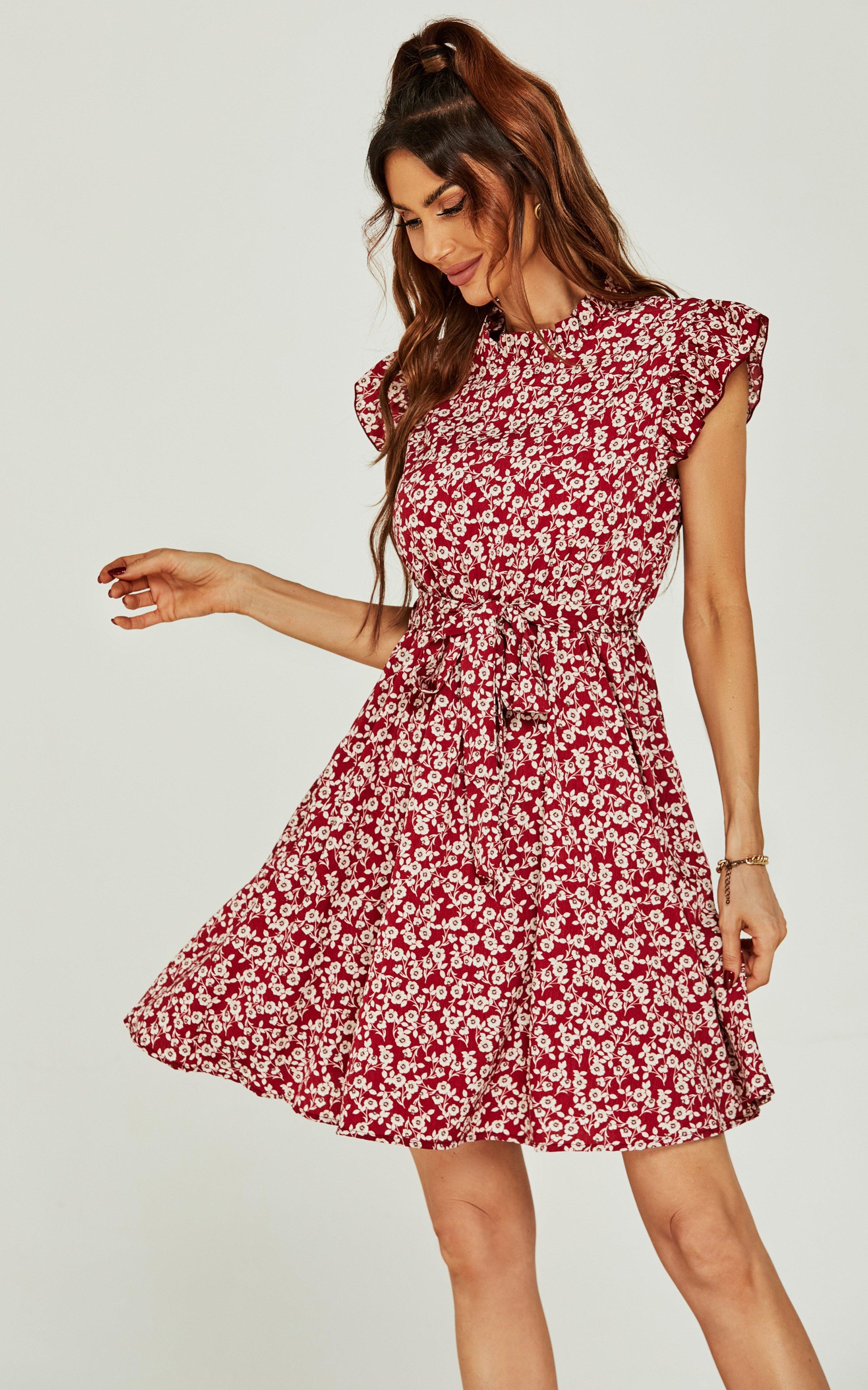 Summer Floral Print Ruffle Sleeve Mini Dress In Red