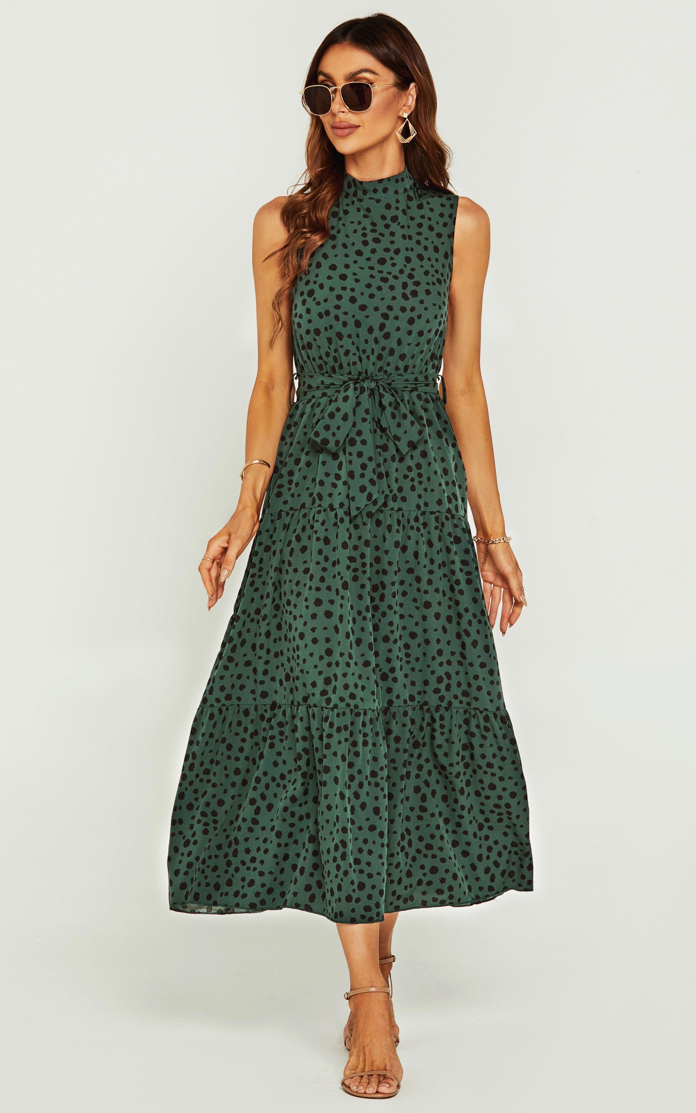 Leopard Print Halter Neck Maxi Layer Dress In Green