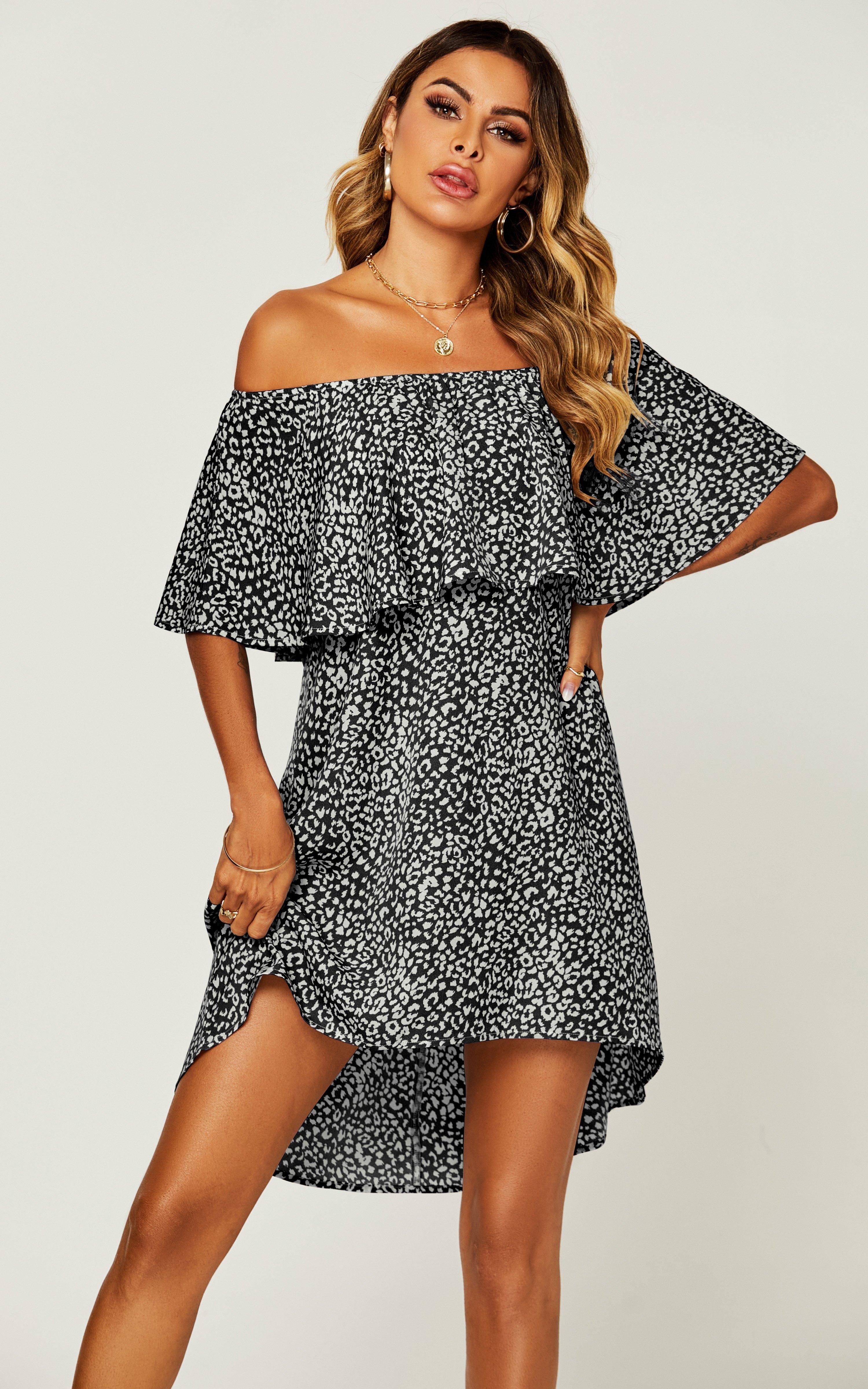 Leopard Print Bardot Frill Off Shoulder Mini Dress In Black