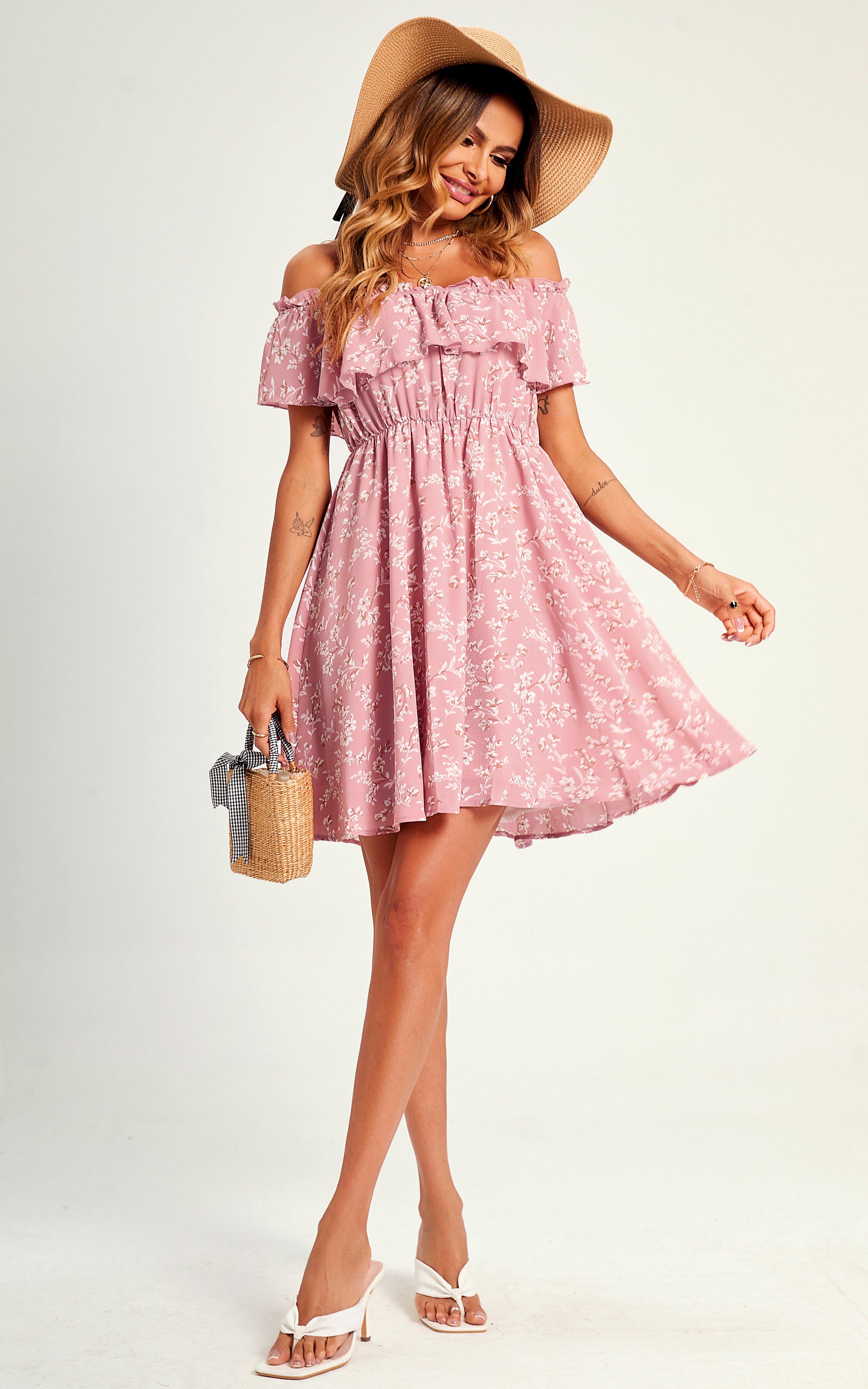 Bardot Frill Mini Dress In Pink Flora Print