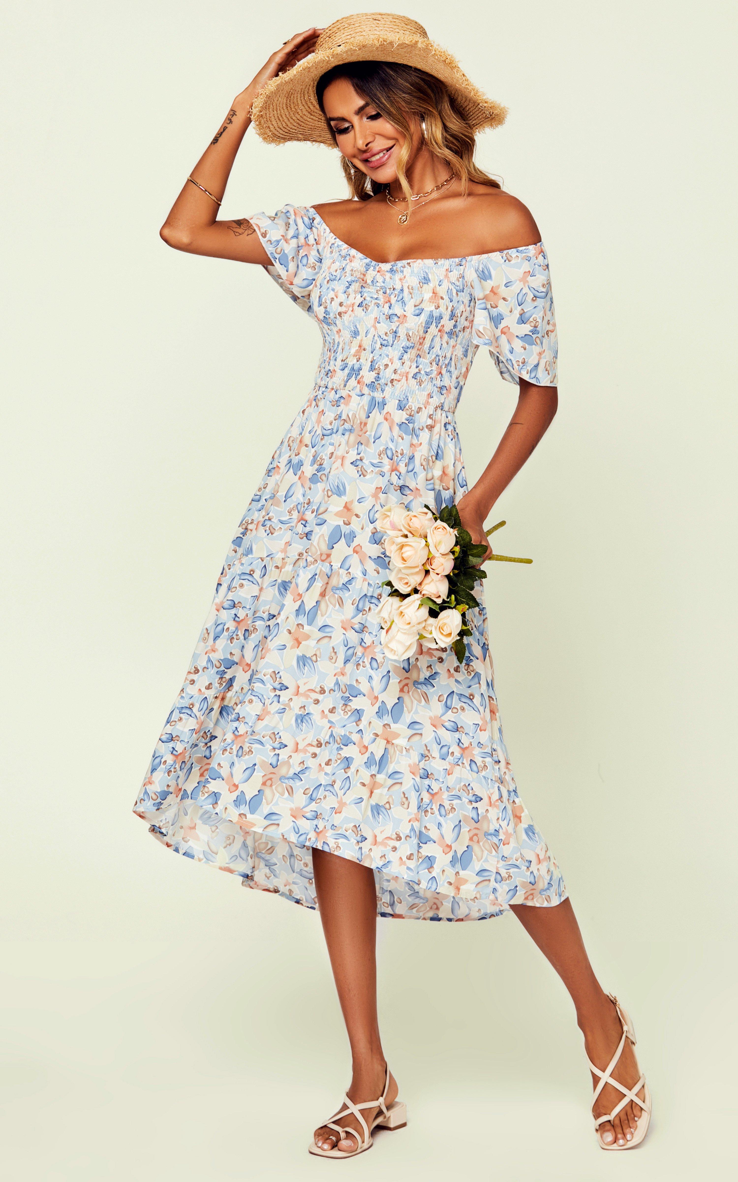 Bardot Angel Sleeve Elasticated Detail Midi Dress In White & Blue Floral Print