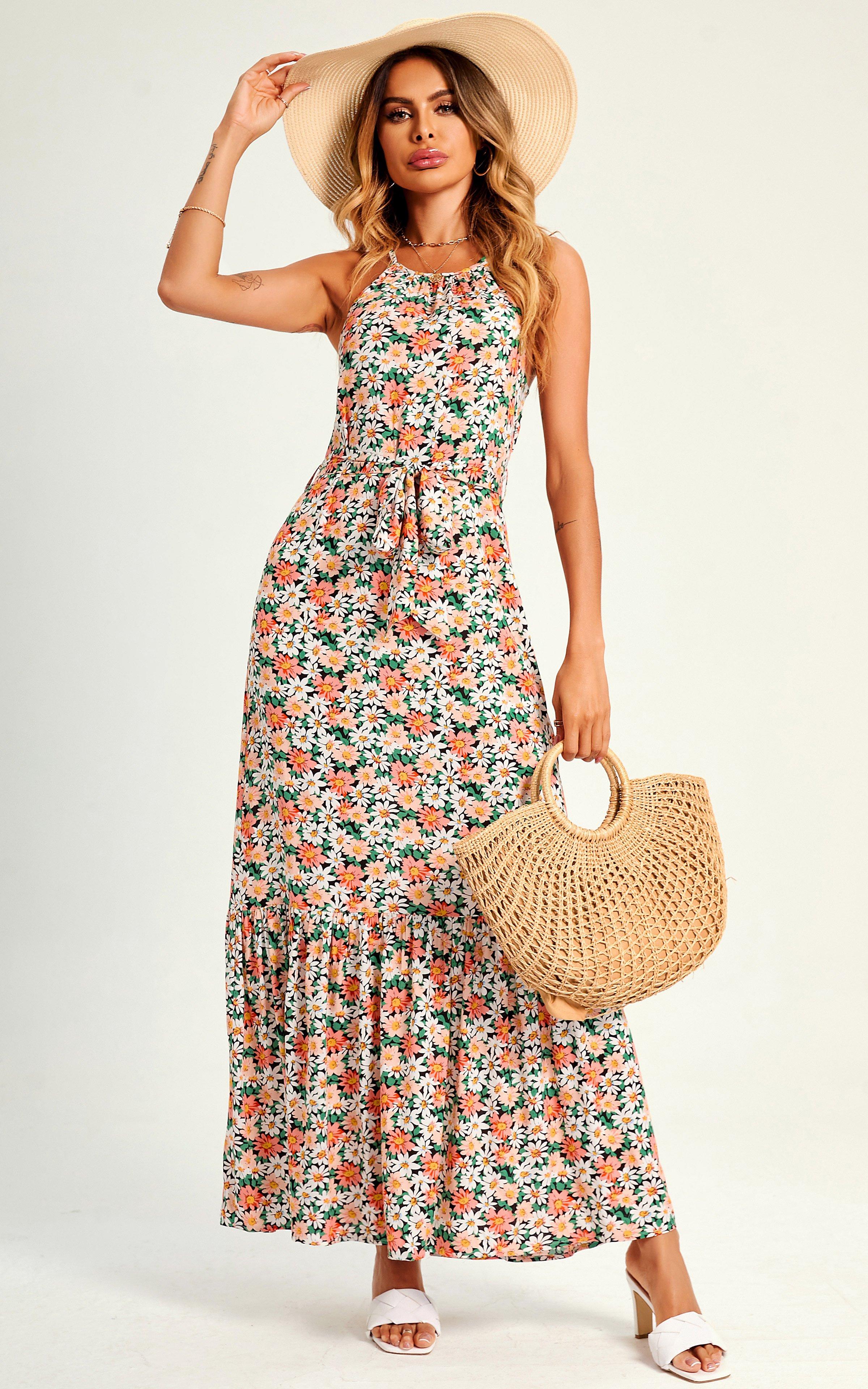 Halterneck Tiered Maxi Dress In Pink Daisy