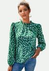 FS Collection Animal Print Frill Detail High Neck Top In Green thumbnail 1