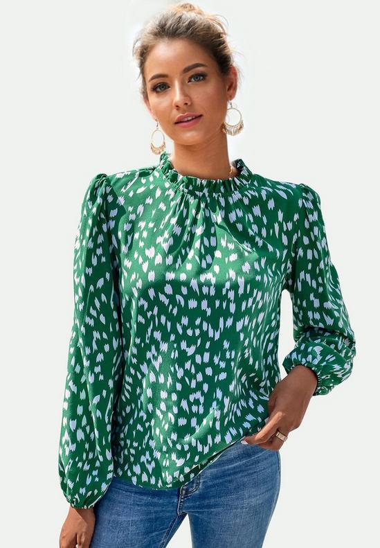 FS Collection Animal Print Frill Detail High Neck Top In Green 1