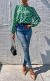 FS Collection Animal Print Frill Detail High Neck Top In Green thumbnail 2